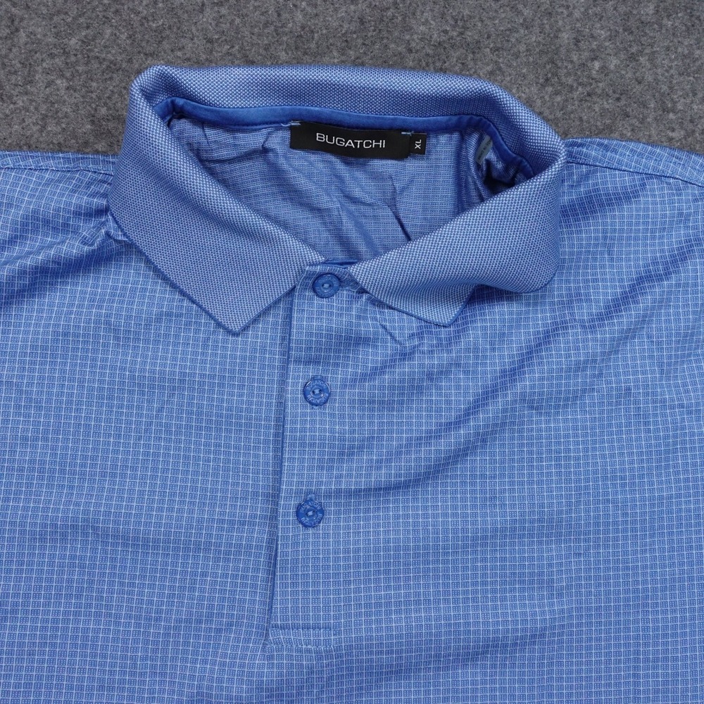 Bugatchi Men's XL Polo Shirt Short Sleeve Grid 100% Mercerized Cotton Blue - Picture 2 of 9